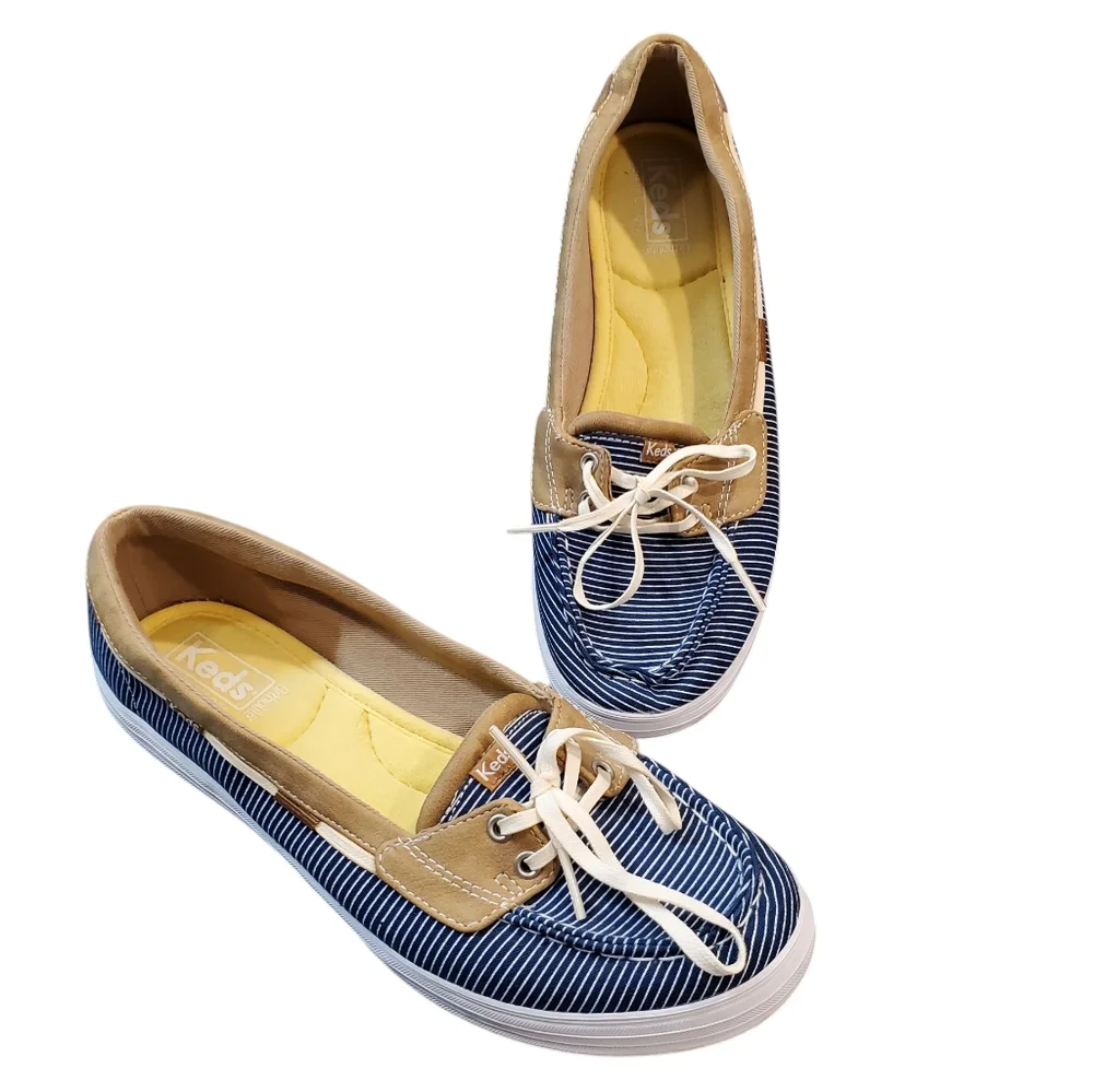 Keds Ortholite Navy White Tan Striped Loafers Shoes Laces Size 8.5 - Picture 1 of 12